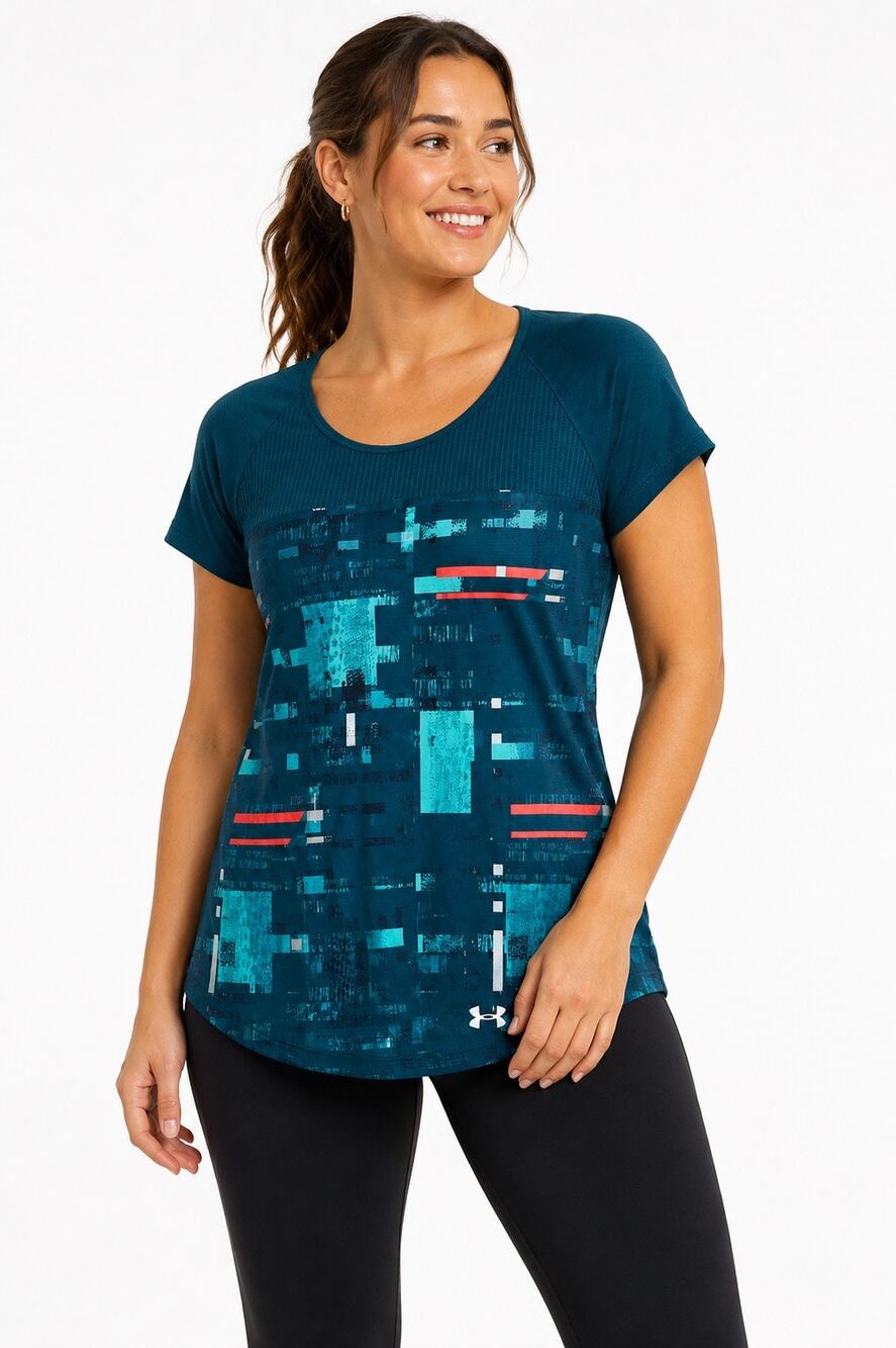 Under Armour HeatGear Women’s Large Teal Printed Open Back Running Workout Top